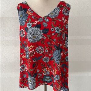 Floral V-Neck Sleeveless Top - Red and Blue